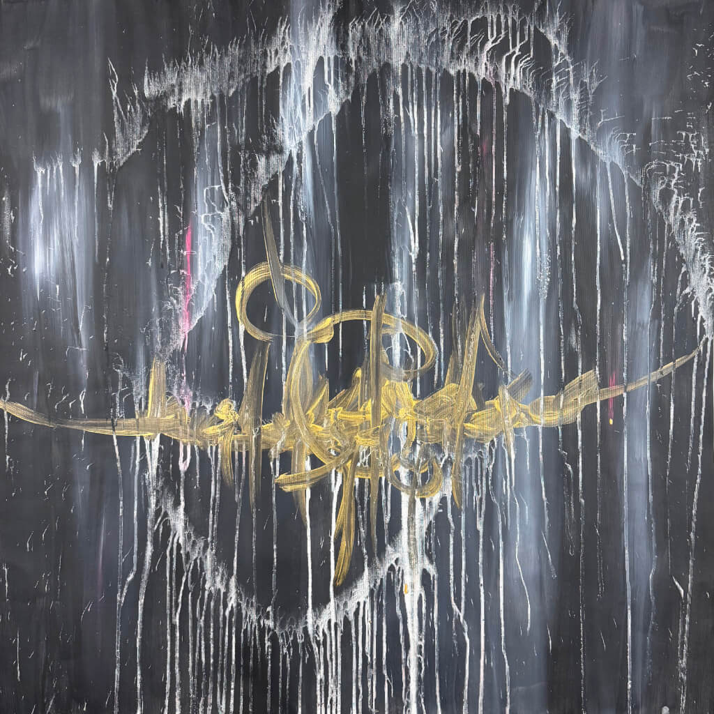 I Am Becoming — gold gesture across a dark, dripping field