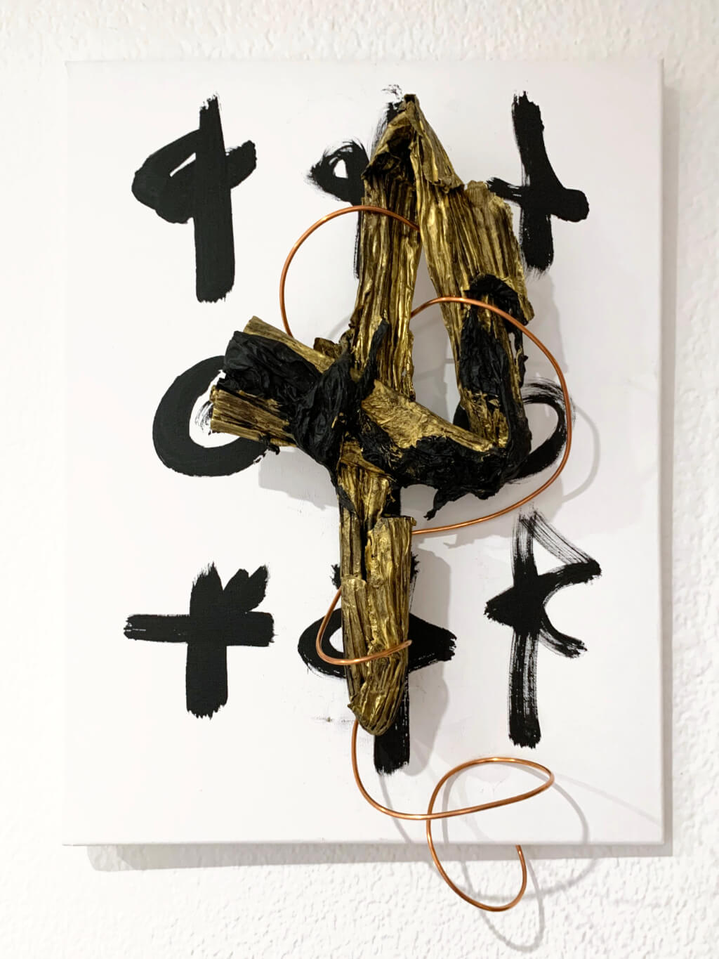 Untitled — black symbols on white canvas with a gilded wooden form and copper wire