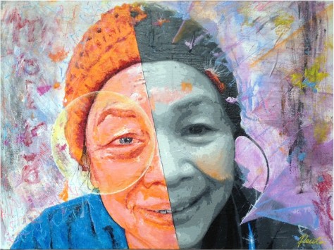 She's Coming Back Home: a woman's face split into two halves, one in warm colour and one in grey, over an abstract ground