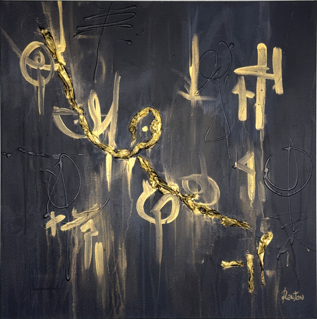 The First Fracture: gold symbols in relief on a black ground
