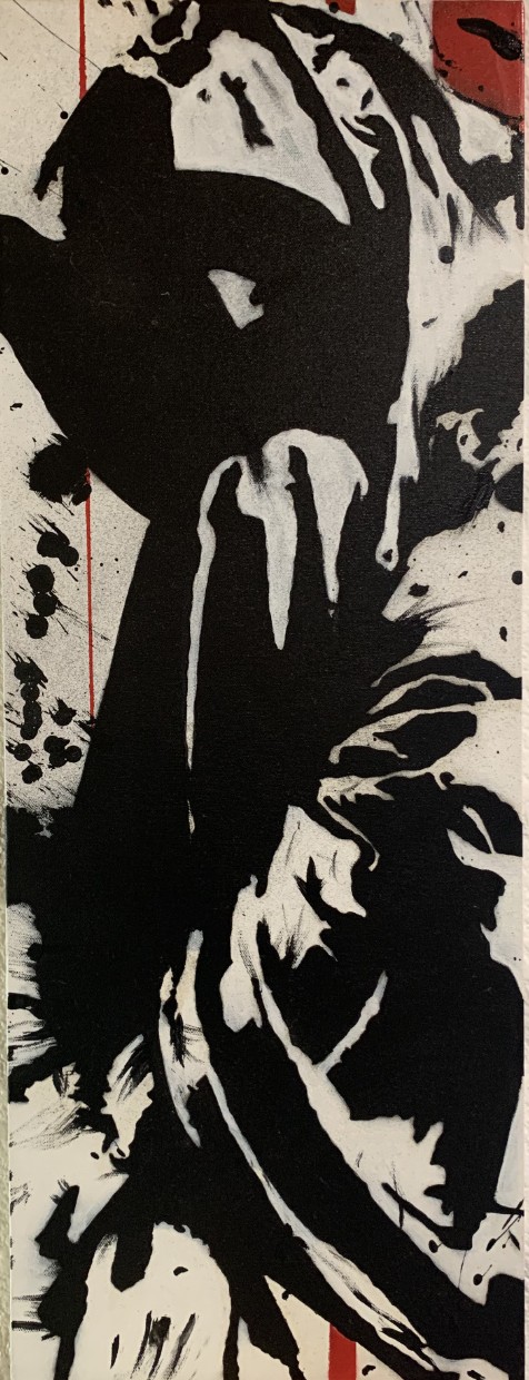 An early stencil: a black figure holding a finger to its lips, with drips and splashes, on a tall canvas